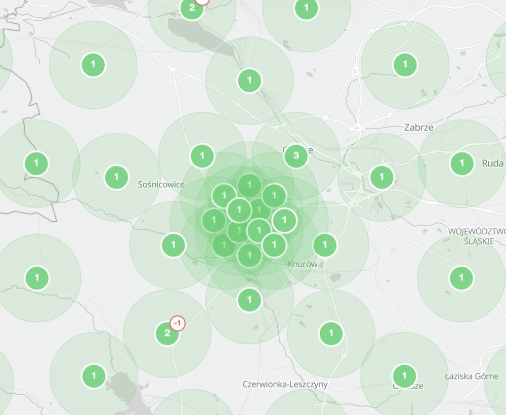 Ta sama mapa z zielonymi punktami numer 1 po optymalizacji wizytówki