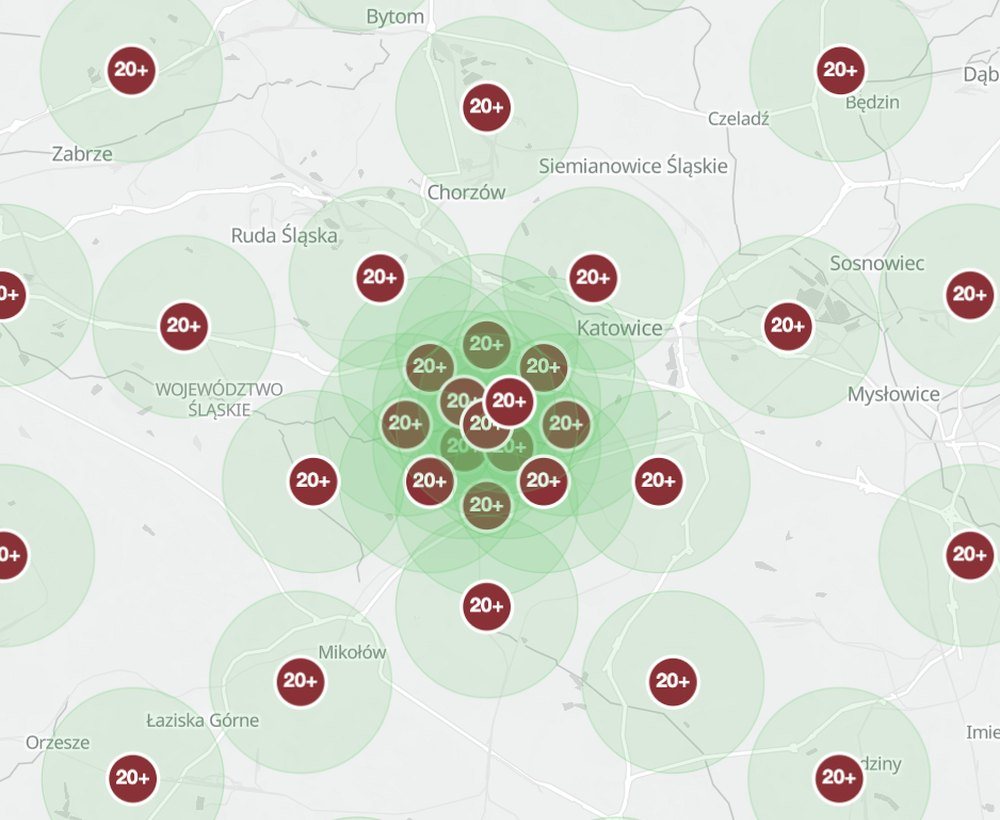 Mapa aglomeracji śląskiej z czerwonymi punktami 20+ przed optymalizacją wizytówki